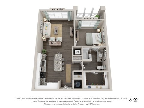 Floor plan for 1 bed, 1 bath, 853 sqft